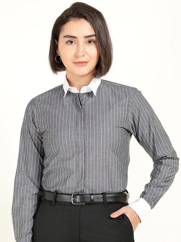 Women Grey Striped Pure Cotton Stretch Bankers Shirt