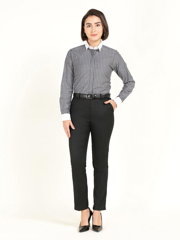 Women Grey Striped Pure Cotton Stretch Bankers Shirt