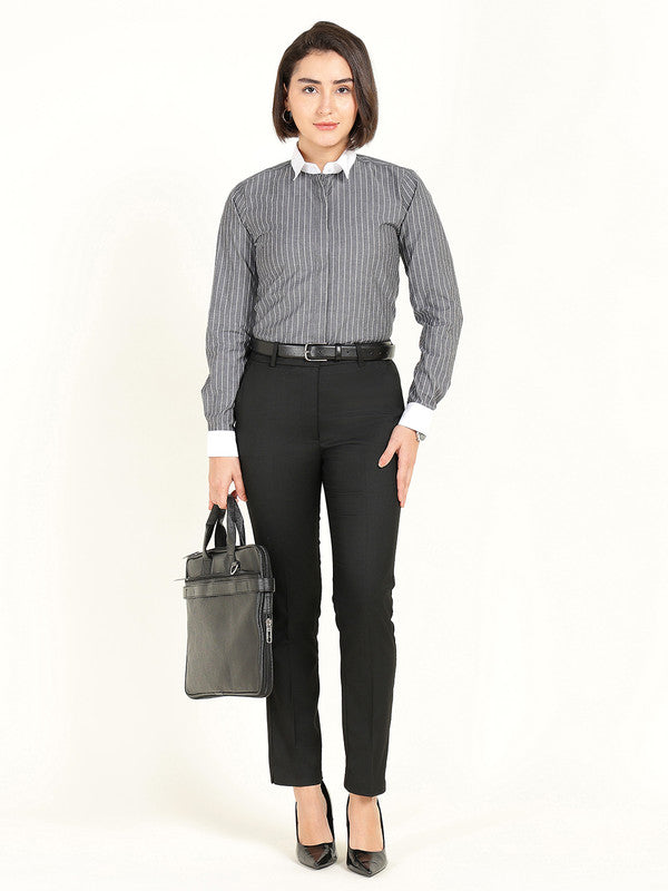 Women Grey Striped Pure Cotton Stretch Bankers Shirt