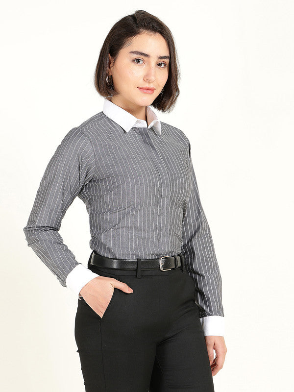 Women Grey Striped Pure Cotton Stretch Bankers Shirt