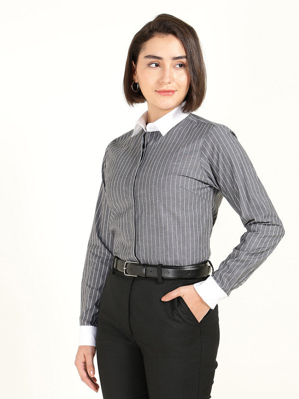 Women Grey Striped Pure Cotton Stretch Bankers Shirt