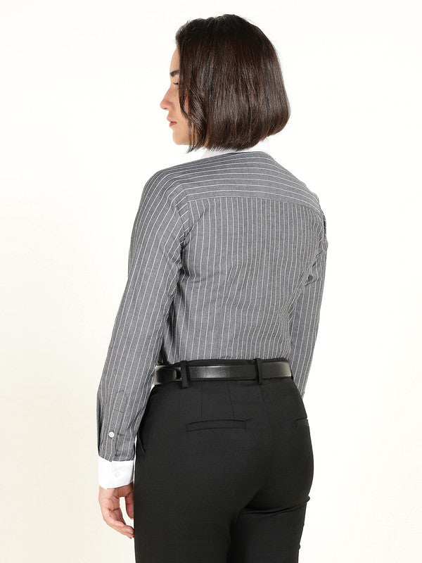 Women Grey Striped Pure Cotton Stretch Bankers Shirt
