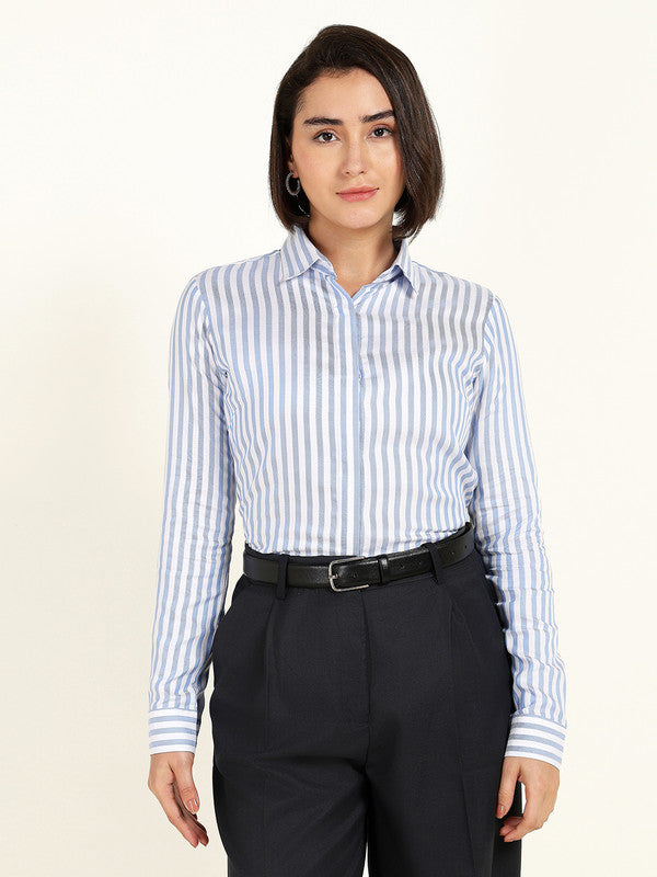 Women White & Blue Candy Striped Viscose Rayon Shirt