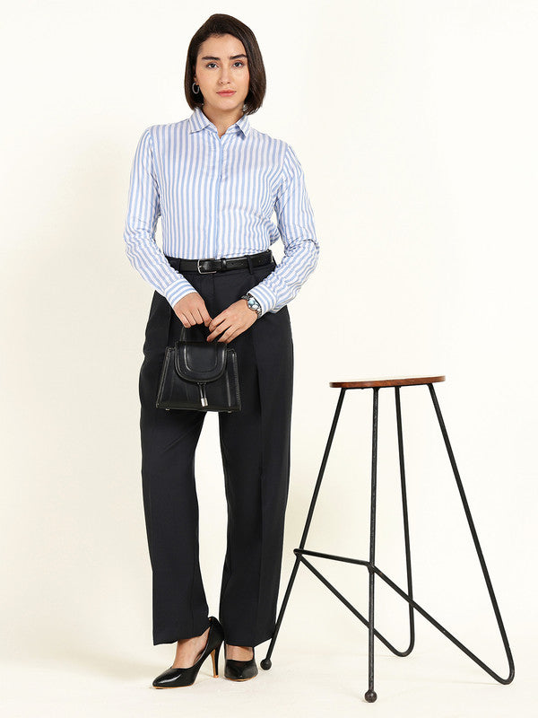 Women White & Blue Candy Striped Viscose Rayon Shirt