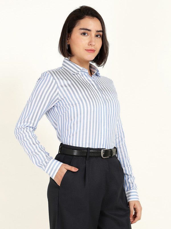 Women White & Blue Candy Striped Viscose Rayon Shirt