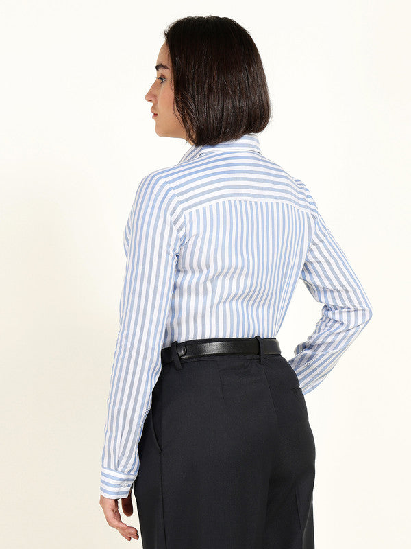 Women White & Blue Candy Striped Viscose Rayon Shirt