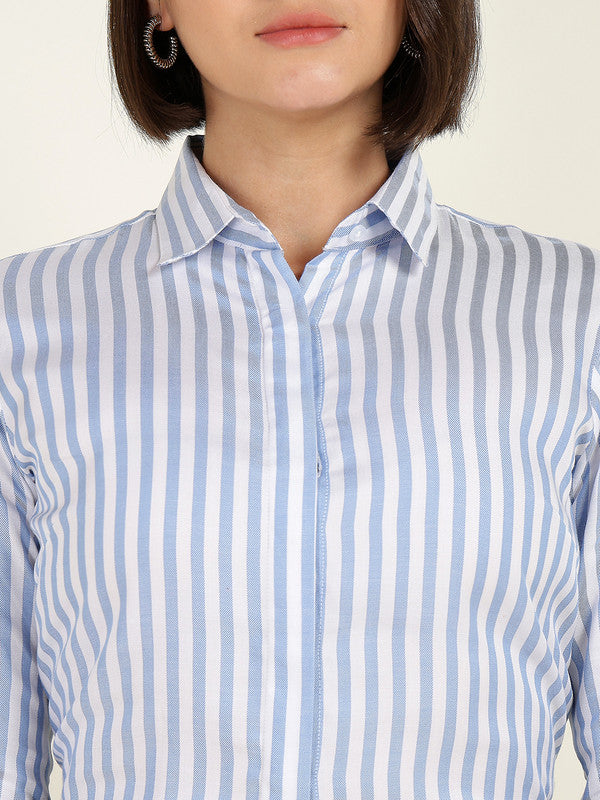 Women White & Blue Candy Striped Viscose Rayon Shirt