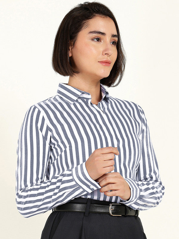 Women White & Navy Blue Candy Striped Viscose Rayon Shirt