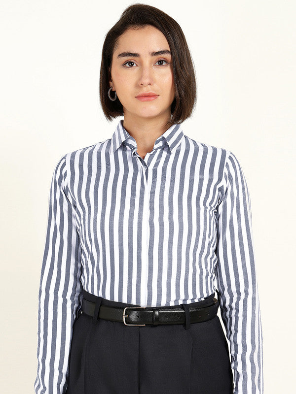 Women White & Navy Blue Candy Striped Viscose Rayon Shirt