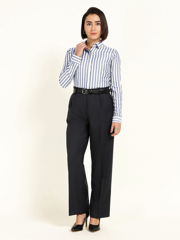 Women White & Navy Blue Candy Striped Viscose Rayon Shirt