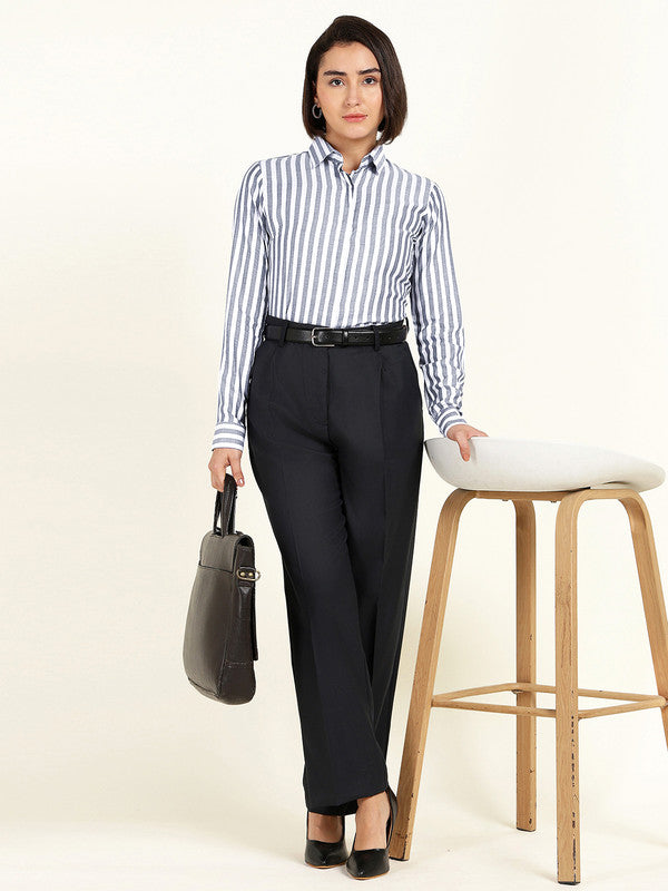 Women White & Navy Blue Candy Striped Viscose Rayon Shirt