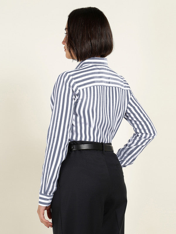 Women White & Navy Blue Candy Striped Viscose Rayon Shirt