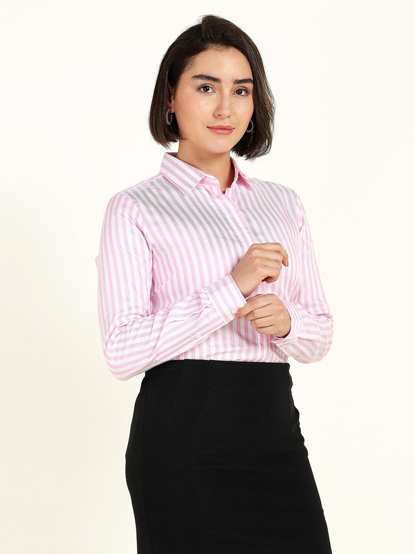 Women White & Pink Candy Striped Viscose Rayon Shirt