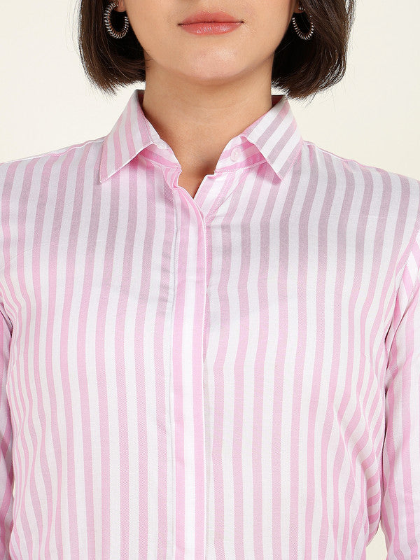 Women White & Pink Candy Striped Viscose Rayon Shirt