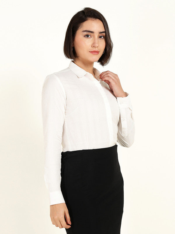 Hancock Women White Self Design Striped Pure Cotton Shirt