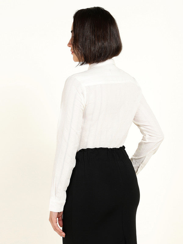 Hancock Women White Self Design Striped Pure Cotton Shirt
