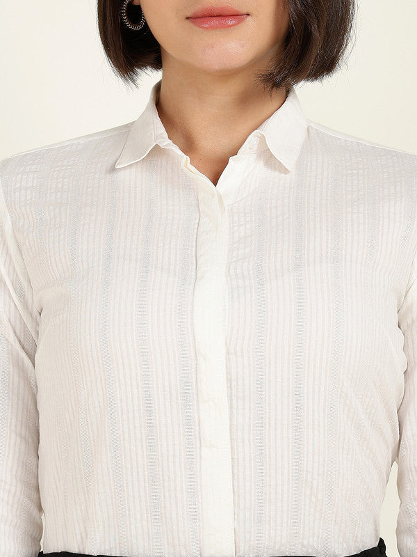 Hancock Women White Self Design Striped Pure Cotton Shirt