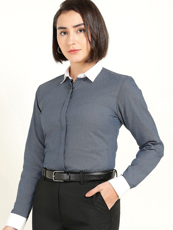 Women Bluish Grey Self Design Pure Cotton Shirt