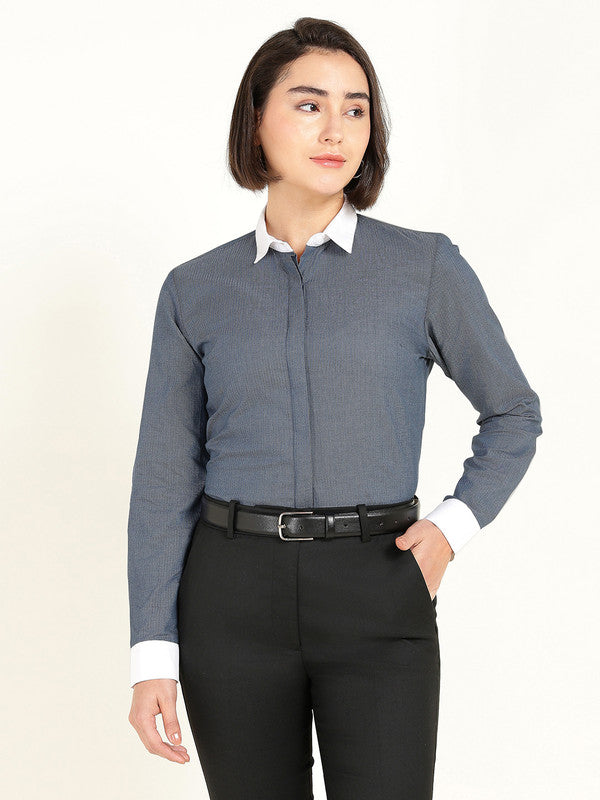 Women Bluish Grey Self Design Pure Cotton Shirt