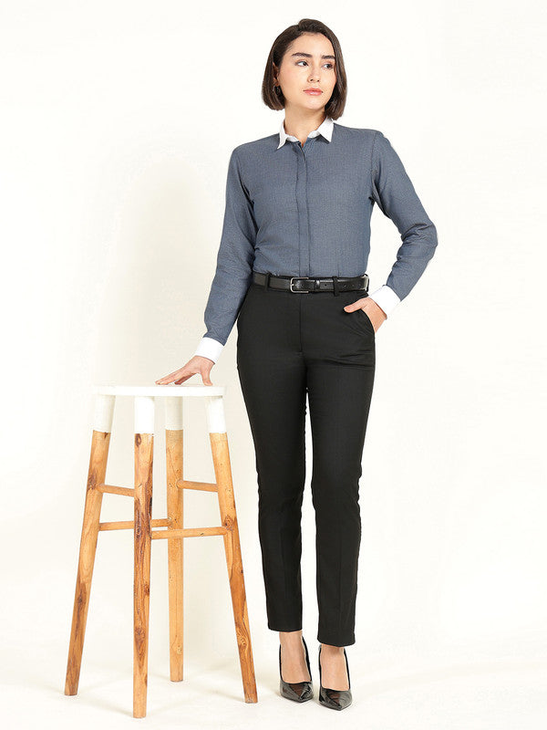 Women Bluish Grey Self Design Pure Cotton Shirt