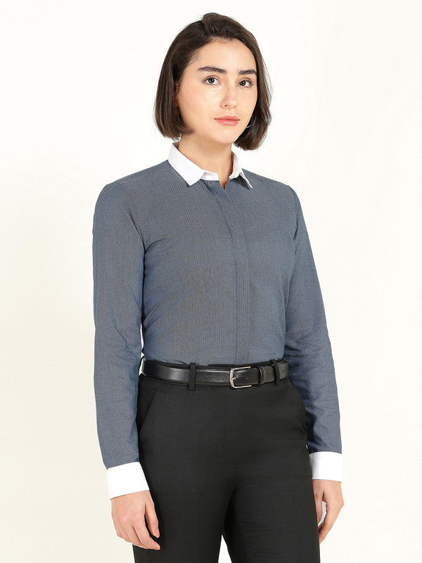 Women Bluish Grey Self Design Pure Cotton Shirt