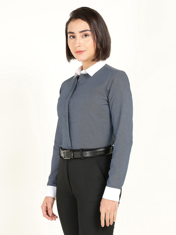 Women Bluish Grey Self Design Pure Cotton Shirt