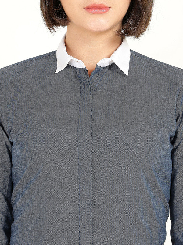 Women Bluish Grey Self Design Pure Cotton Shirt