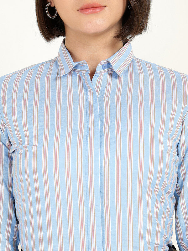 Women Blue Striped Seer Sucker Tencel Shirt