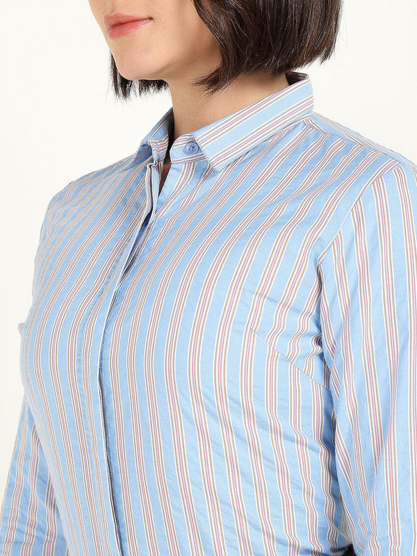 Women Blue Striped Seer Sucker Tencel Shirt