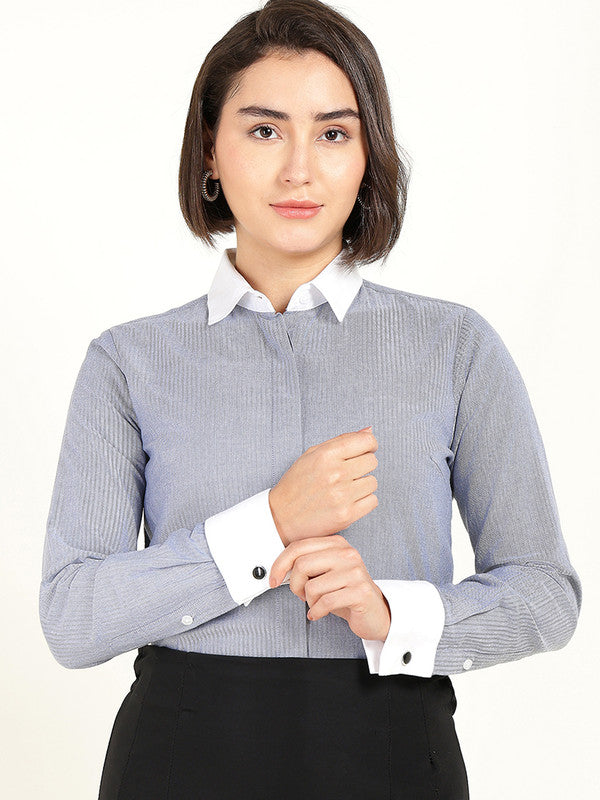 Women Bluish Grey Self Design French Cuff Pure Cotton Shirt