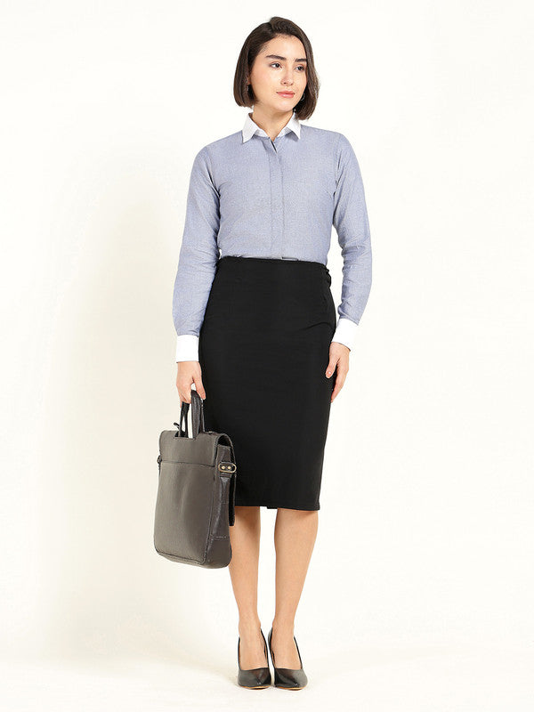 Women Bluish Grey Self Design French Cuff Pure Cotton Shirt