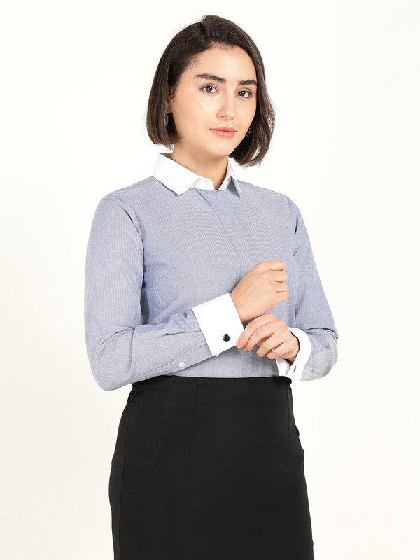Women Bluish Grey Self Design French Cuff Pure Cotton Shirt