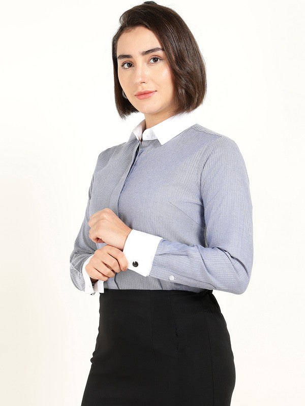 Women Bluish Grey Self Design French Cuff Pure Cotton Shirt