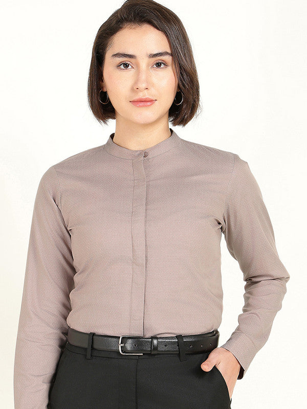Women Greige Self Design Pure Cotton Mandarin Collar Shirt