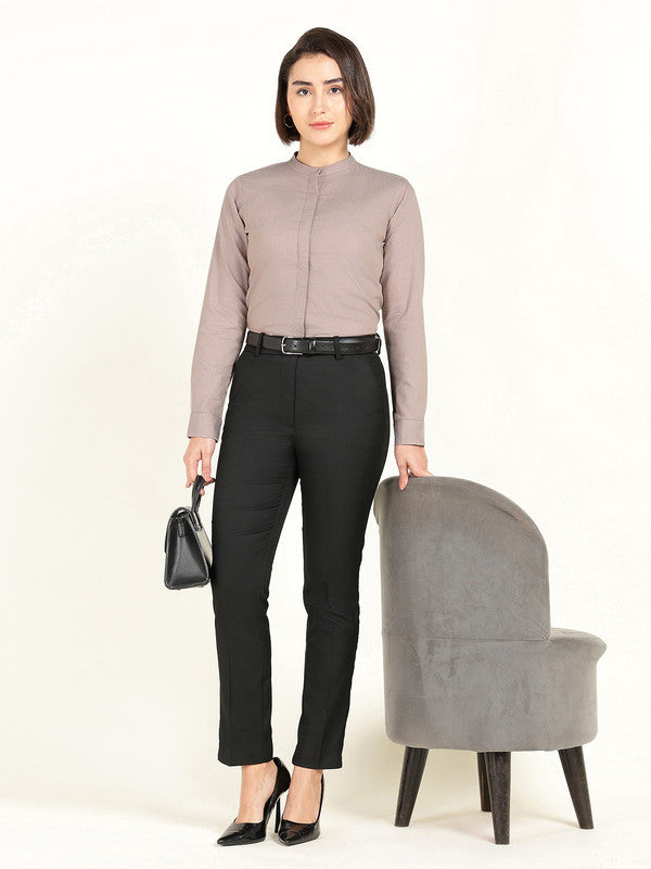 Women Greige Self Design Pure Cotton Mandarin Collar Shirt