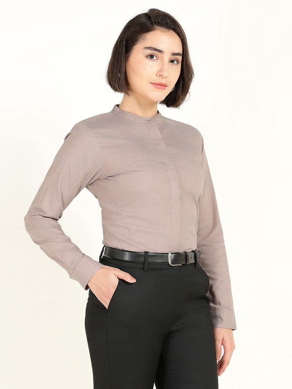 Women Greige Self Design Pure Cotton Mandarin Collar Shirt
