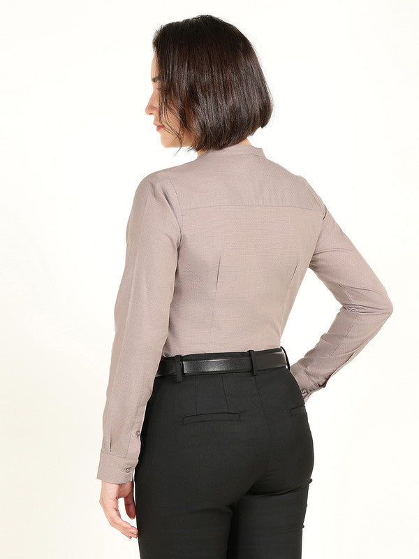 Women Greige Self Design Pure Cotton Mandarin Collar Shirt
