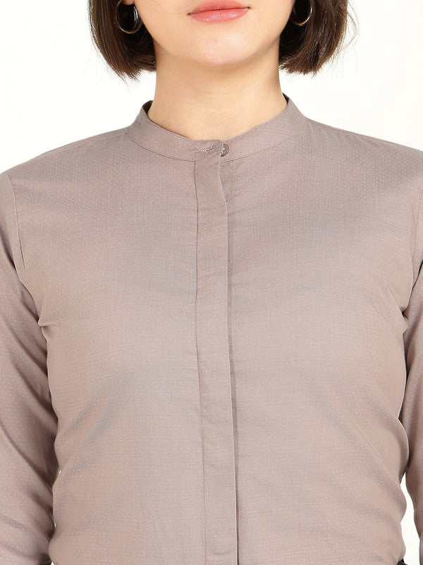 Women Greige Self Design Pure Cotton Mandarin Collar Shirt