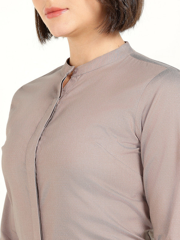 Women Greige Self Design Pure Cotton Mandarin Collar Shirt