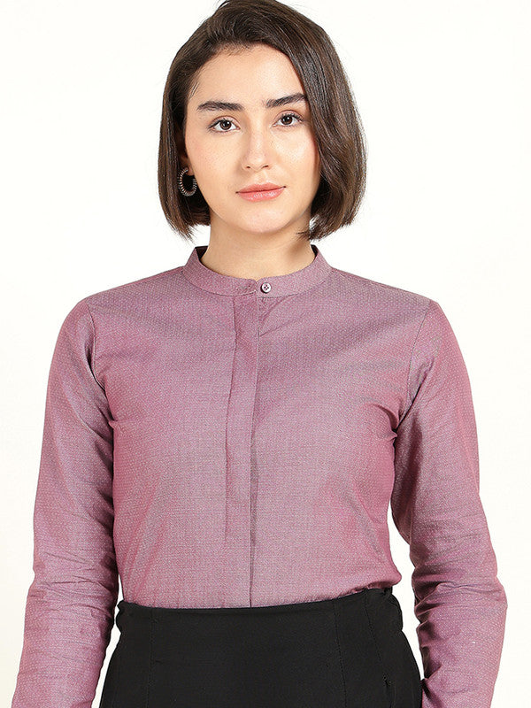 Women Maroon Self Design Pure Cotton Mandarin Collar Shirt