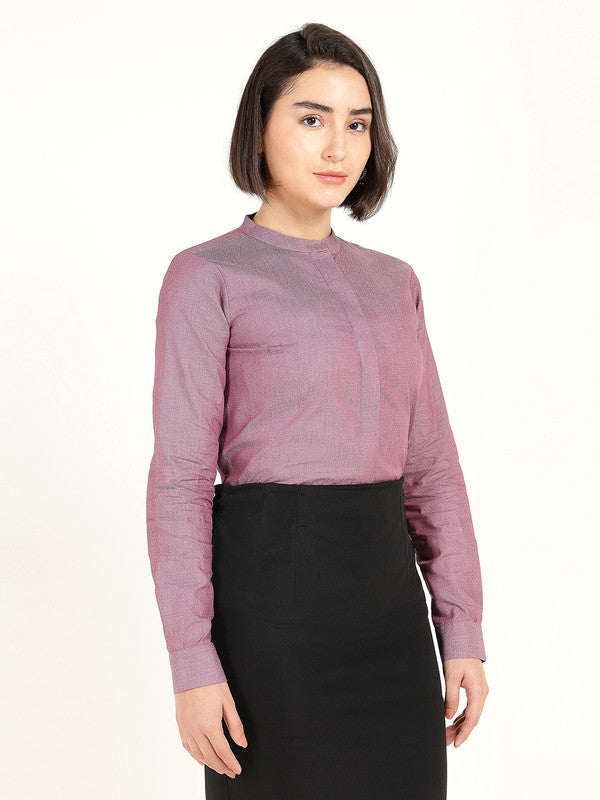 Women Maroon Self Design Pure Cotton Mandarin Collar Shirt