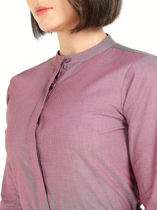 Women Maroon Self Design Pure Cotton Mandarin Collar Shirt