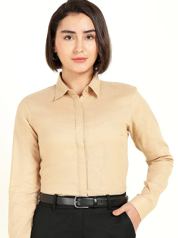 Women Beige Solid Linen Shirt