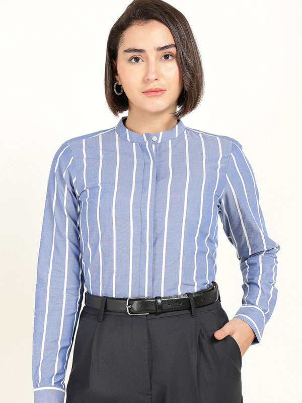 Women Blue & White Striped Chambray Weave Pure Cotton Shirt