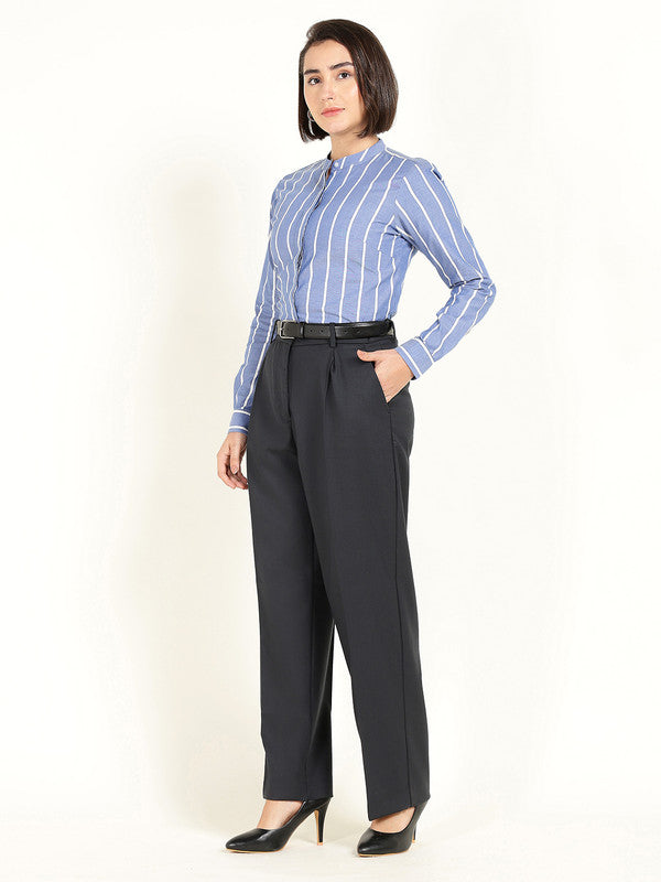 Women Blue & White Striped Chambray Weave Pure Cotton Shirt