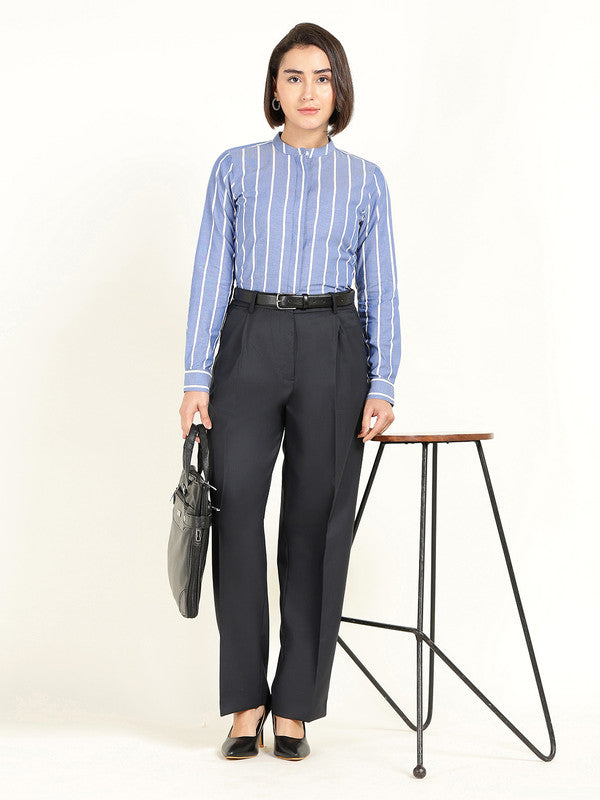 Women Blue & White Striped Chambray Weave Pure Cotton Shirt