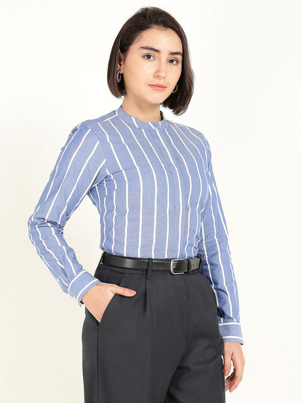 Women Blue & White Striped Chambray Weave Pure Cotton Shirt