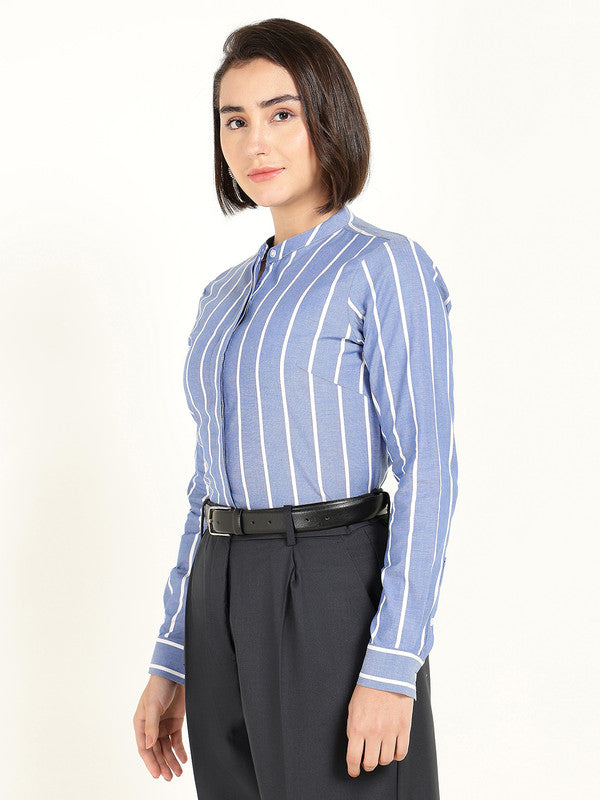 Women Blue & White Striped Chambray Weave Pure Cotton Shirt