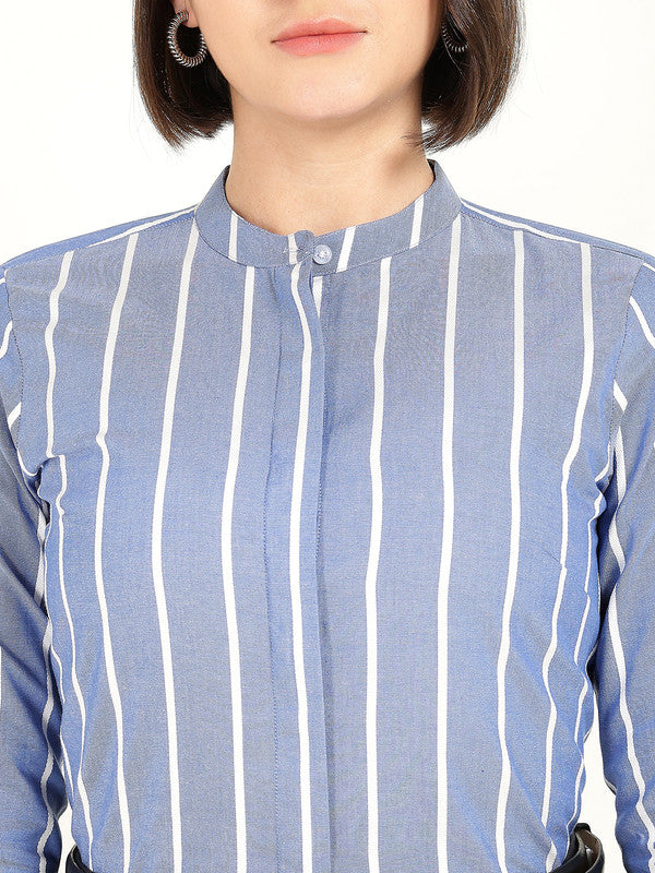 Women Blue & White Striped Chambray Weave Pure Cotton Shirt