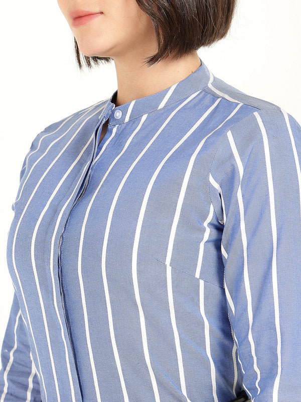 Women Blue & White Striped Chambray Weave Pure Cotton Shirt